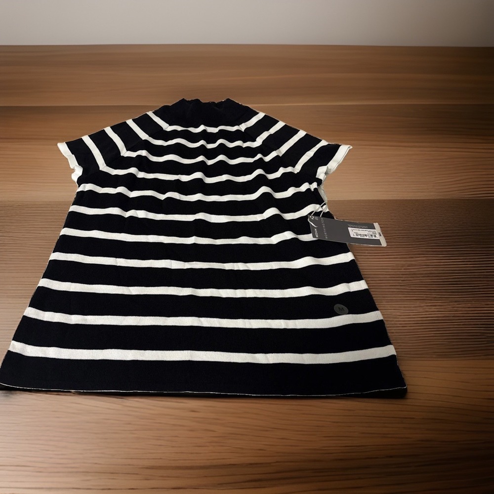Worthington Womens Medium Black White Striped Mock Neck Sweater Top Preppy